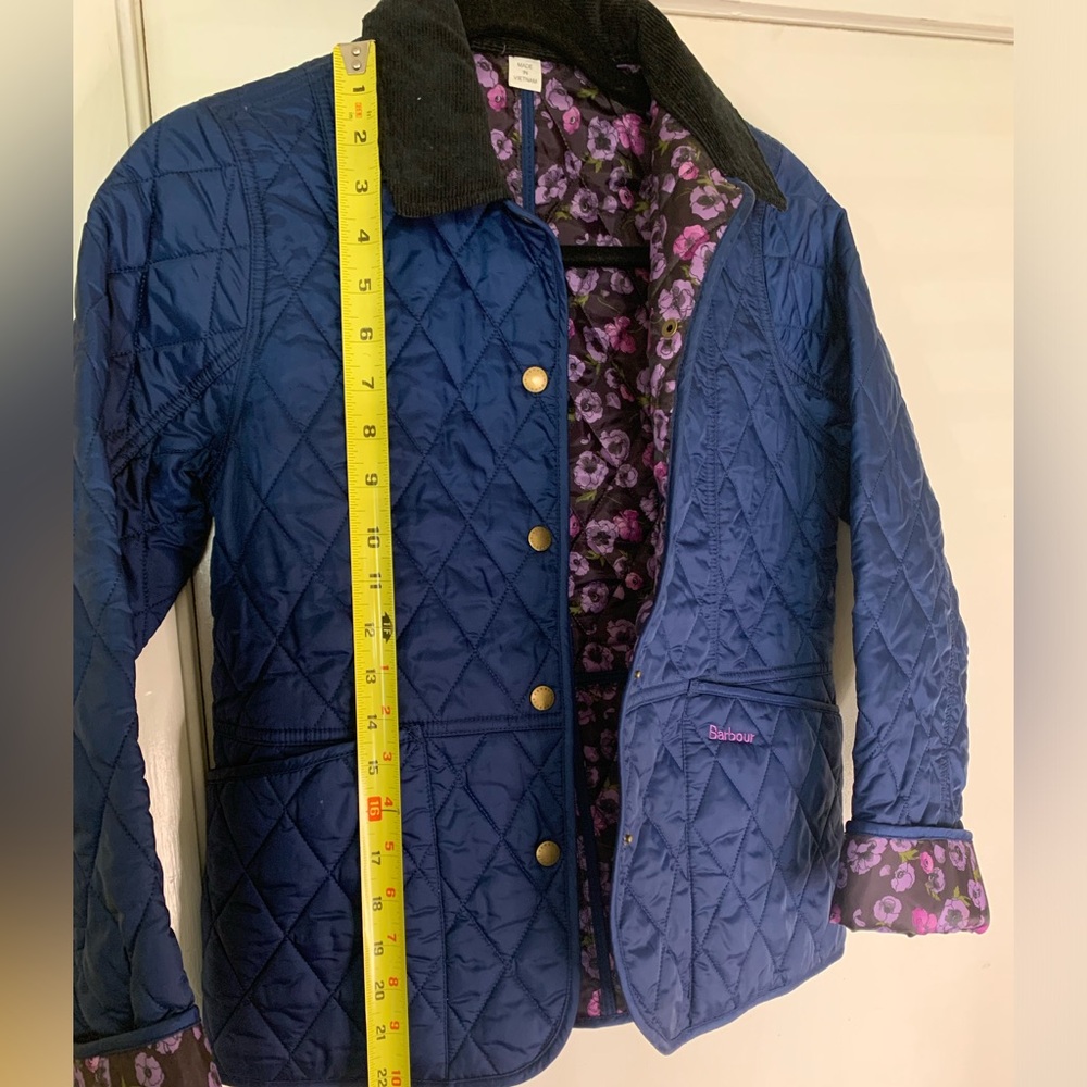 Barbour Navy Quilted Kids Jacket with Purple Floral Lining